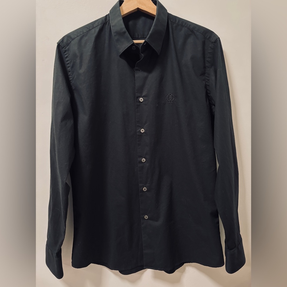 ROBERTO CAVALLI Black Stretch Cotton/Elastane Embroidered Logo Shirt 16.5, 42